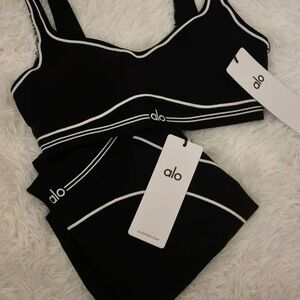 ALO Yoga Black Sports Bra and Legging Set with White Trim